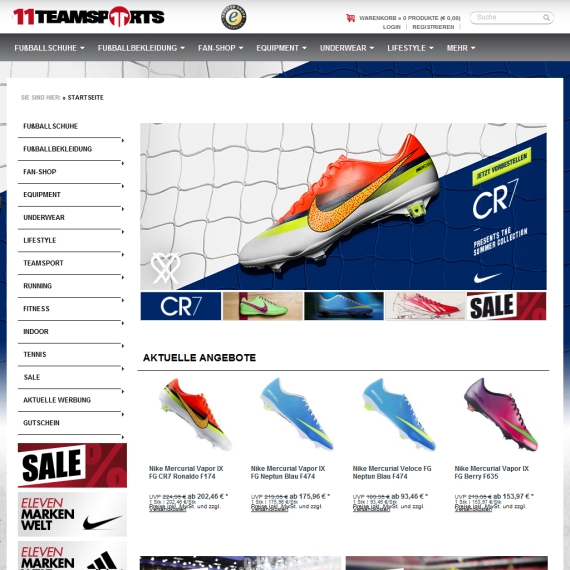 Die Webseite vom 11Teamsports.de Shop