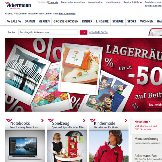 Die Webseite vom Ackermann.ch Shop