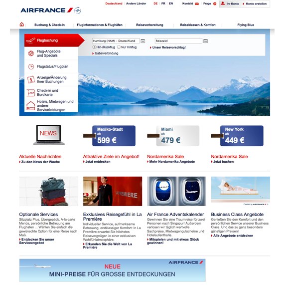 Die Webseite vom AirFrance.de Shop