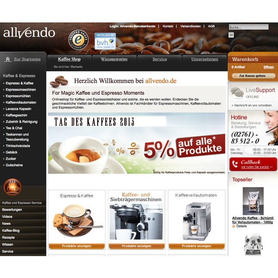 Die Webseite vom Allvendo.de Shop