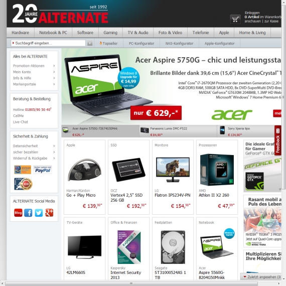 Die Webseite vom ALTERNATE.de Shop