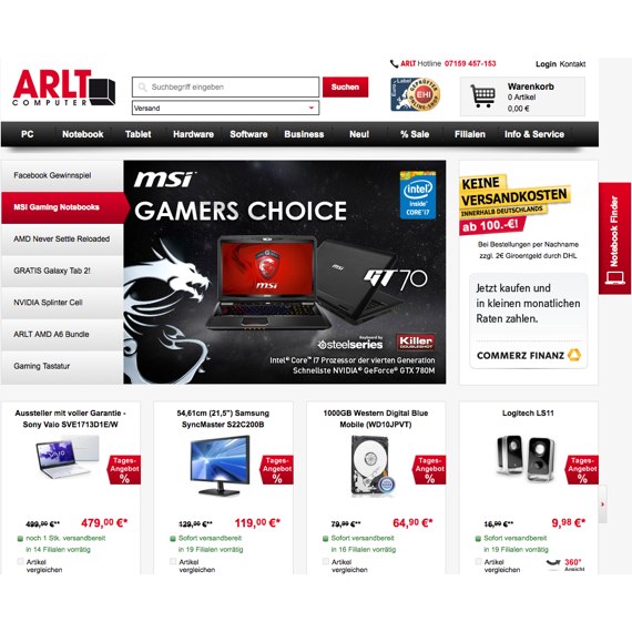 Die Webseite vom Arlt.com Shop