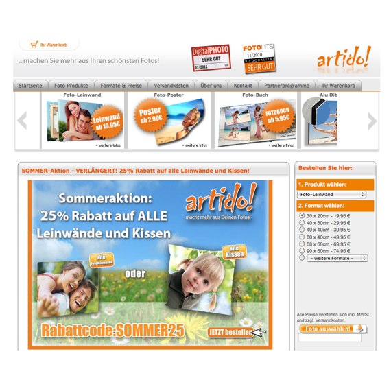 Die Webseite vom Artido.de Shop