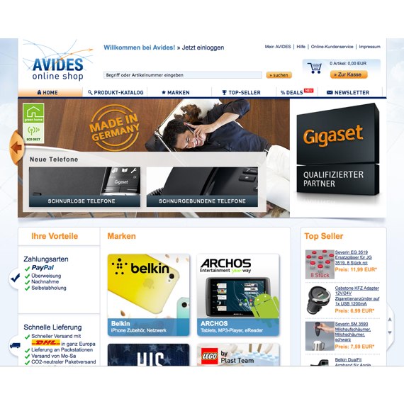 Die Webseite vom Avides.com Shop