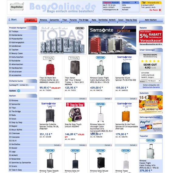 Die Webseite vom BagsOnline.de Shop