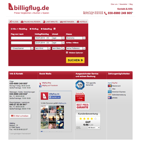 Die Webseite vom Billigflug.de Shop