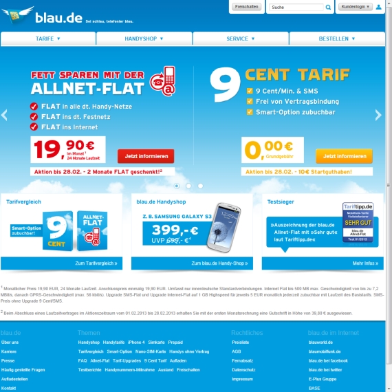 Die Webseite vom Blau.de Shop