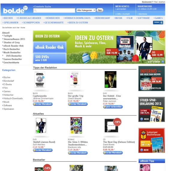 Die Webseite vom Bol.de Shop