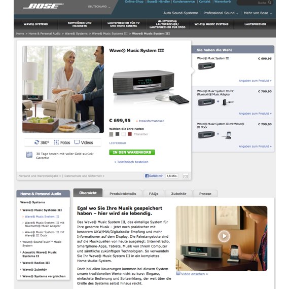 Die Webseite vom Bose.de Shop