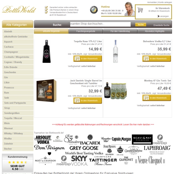 Die Webseite vom Bottleworld.de Shop