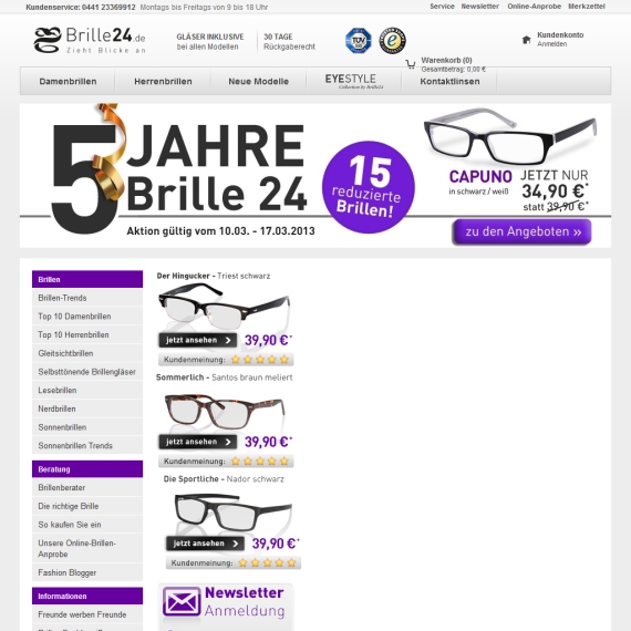 Die Webseite vom Brille24.de Shop