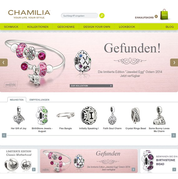 Die Webseite vom Chamilia.com Shop