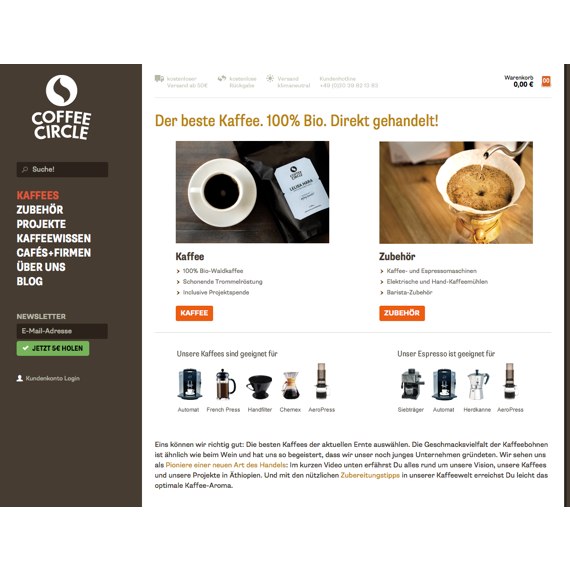Die Webseite vom CoffeeCircle.com Shop