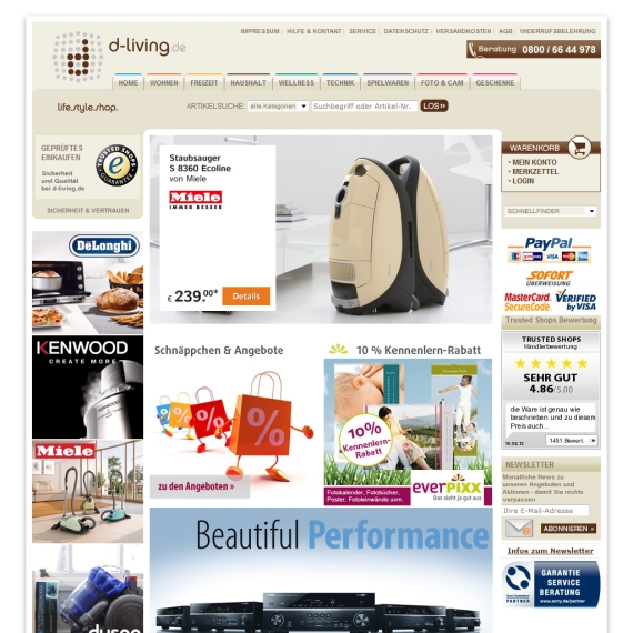 Die Webseite vom D-living.de Shop