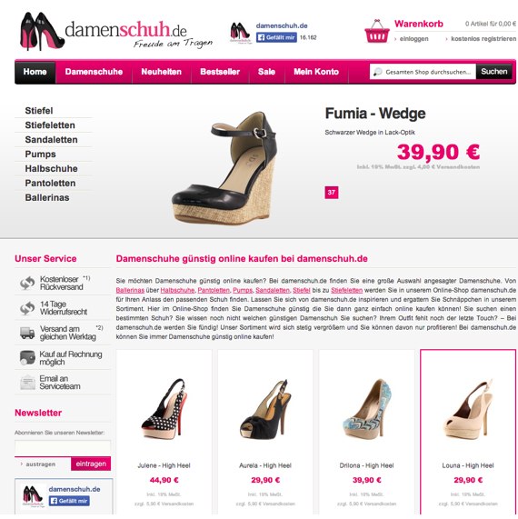 Die Webseite vom Damenschuh.de Shop