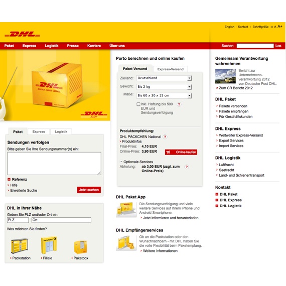 Die Webseite vom DHL.de Shop