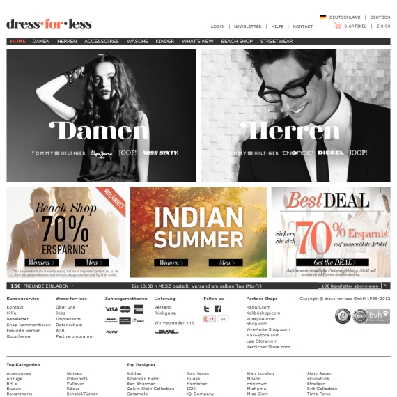 Die Webseite vom Dress-for-Less.de Shop