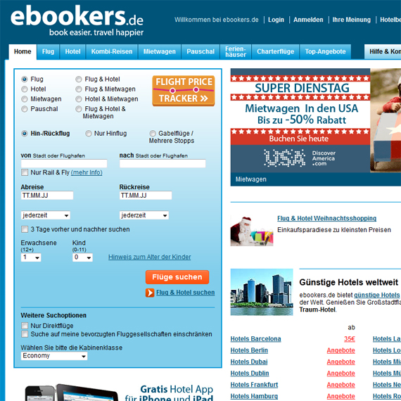Die Webseite vom ebookers.de Shop