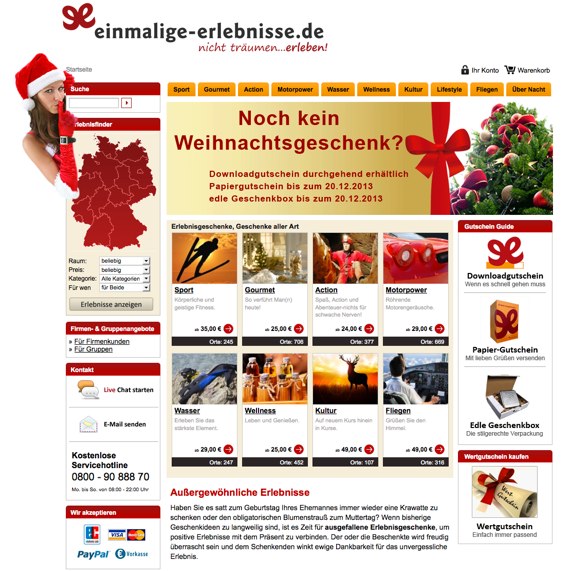 Die Webseite vom Einmalige-Erlebnisse.de Shop