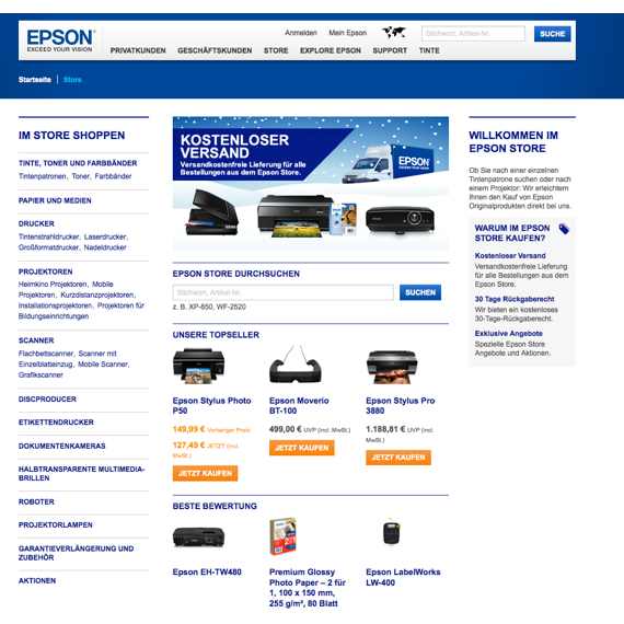 Die Webseite vom Epson.de Shop