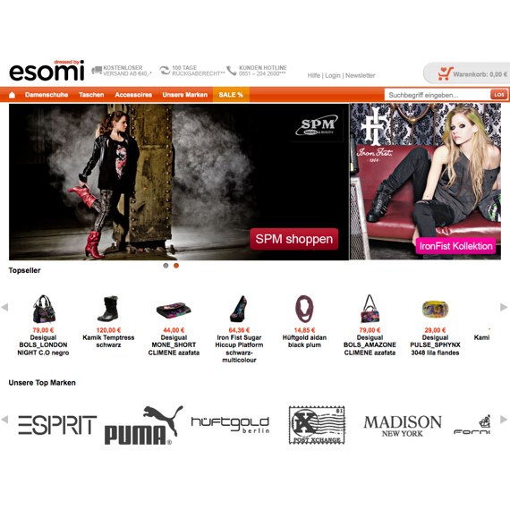 Die Webseite vom esomi.de Shop