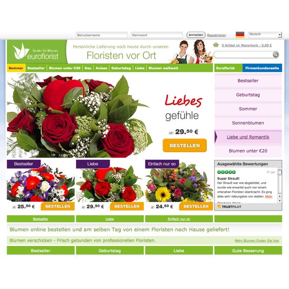 Die Webseite vom Euroflorist.de Shop