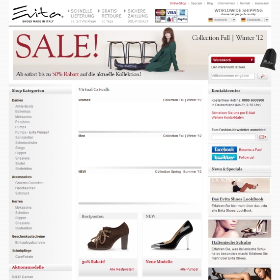 Die Webseite vom Evita-Shoes.com Shop