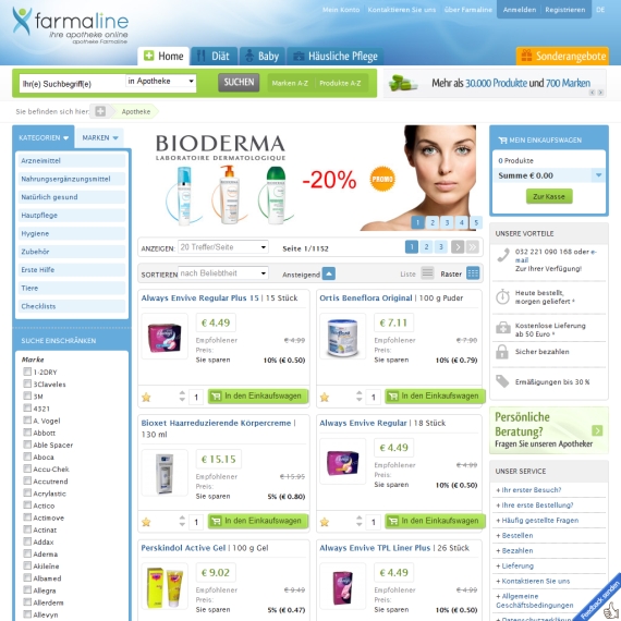 Die Webseite vom farmaline.de Shop