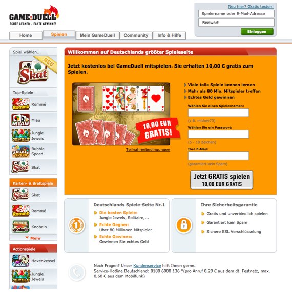 Die Webseite vom GameDuell.de Shop