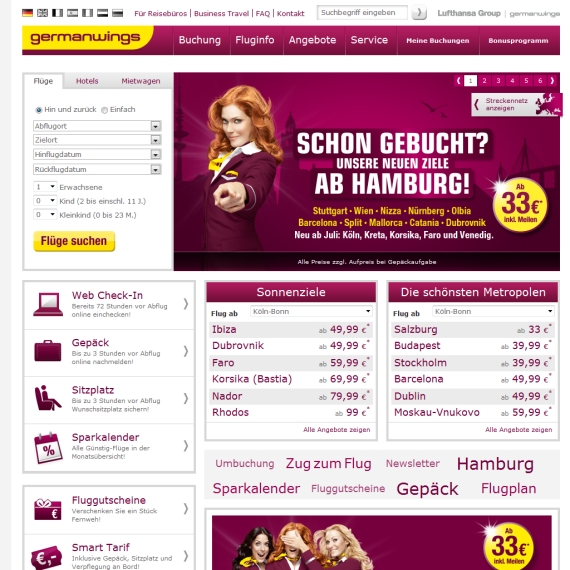 Die Webseite vom Germanwings.com Shop