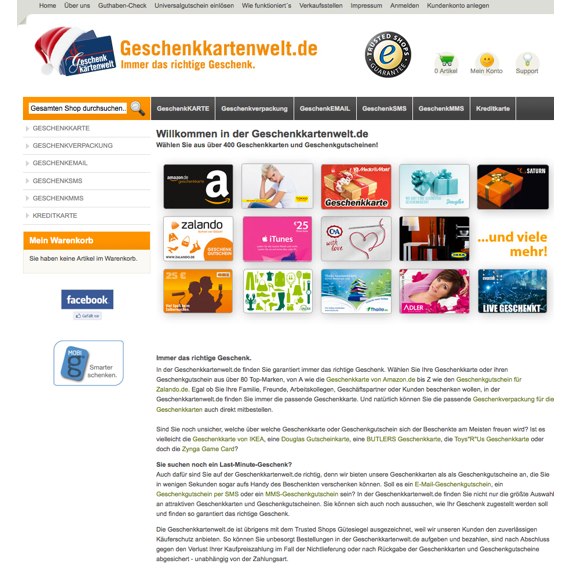 Die Webseite vom Geschenkkartenwelt.de Shop
