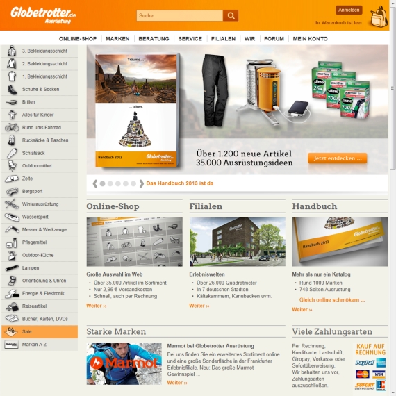 Die Webseite vom Globetrotter.de Shop