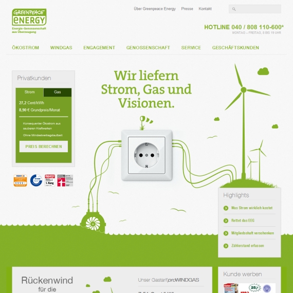 Die Webseite vom Greenpeace-Energy.de Shop
