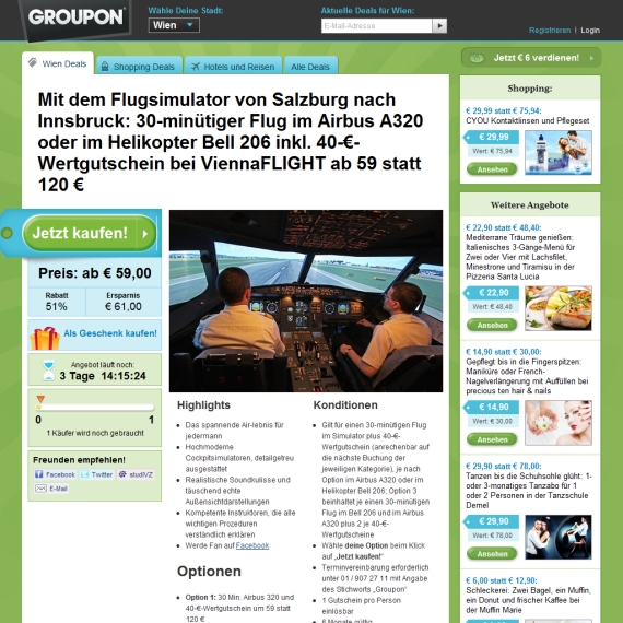 Die Webseite vom Groupon.at Shop