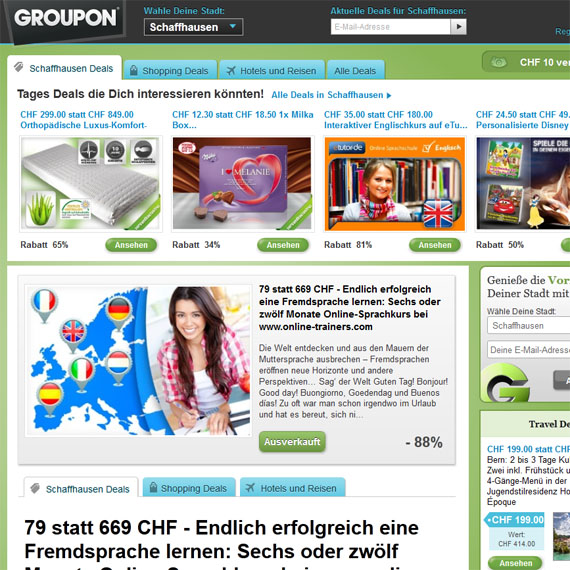 Die Webseite vom Groupon.ch Shop
