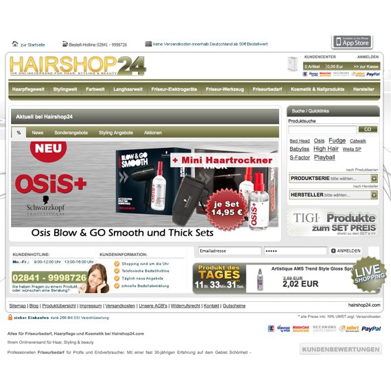 Die Webseite vom Hairshop24.com Shop