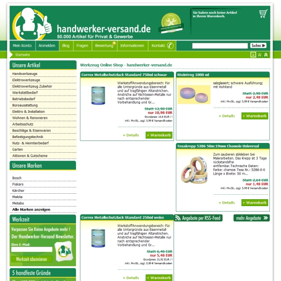 Die Webseite vom Handwerker-Versand.de Shop