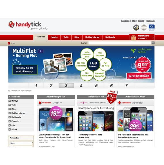 Die Webseite vom Handytick.de Shop