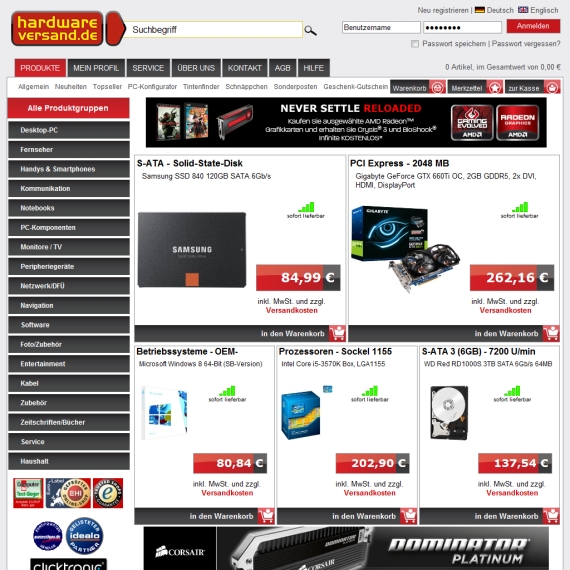 Die Webseite vom Hardwareversand.de Shop