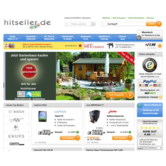 Die Webseite vom Hitseller.de Shop