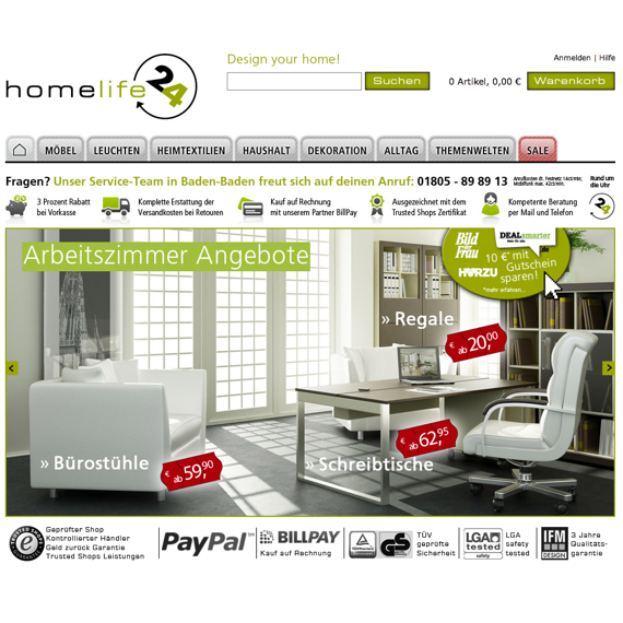 Die Webseite vom homelife24.com Shop