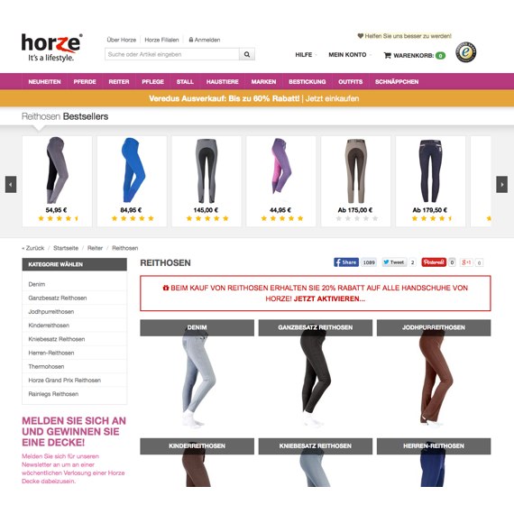 Die Webseite vom Horze.de Shop