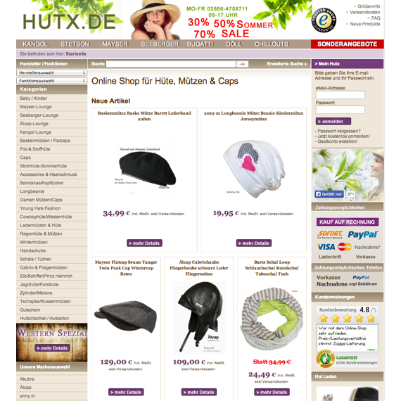Die Webseite vom Hutx.de Shop