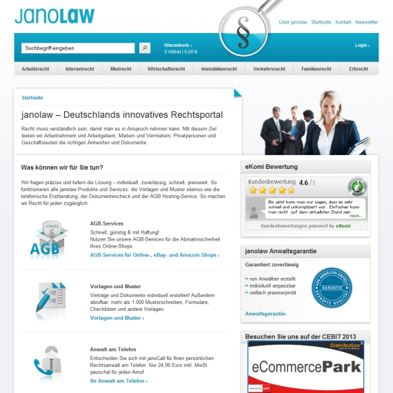 Die Webseite vom Janolaw.de Shop