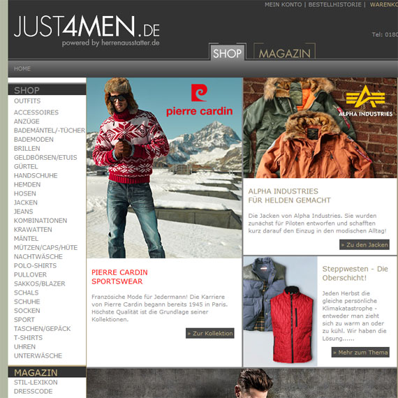 Die Webseite vom JUST4MEN.de Shop