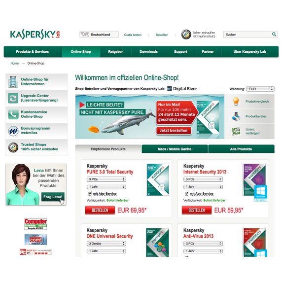 Die Webseite vom Kaspersky.com Shop