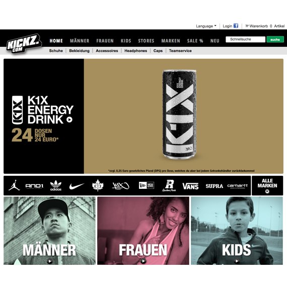 Die Webseite vom Kickz.com Shop