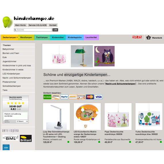 Die Webseite vom Kinderlampe.de Shop