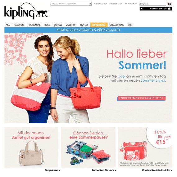 Die Webseite vom Kipling.com Shop