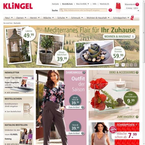 Die Webseite vom Klingel.de Shop